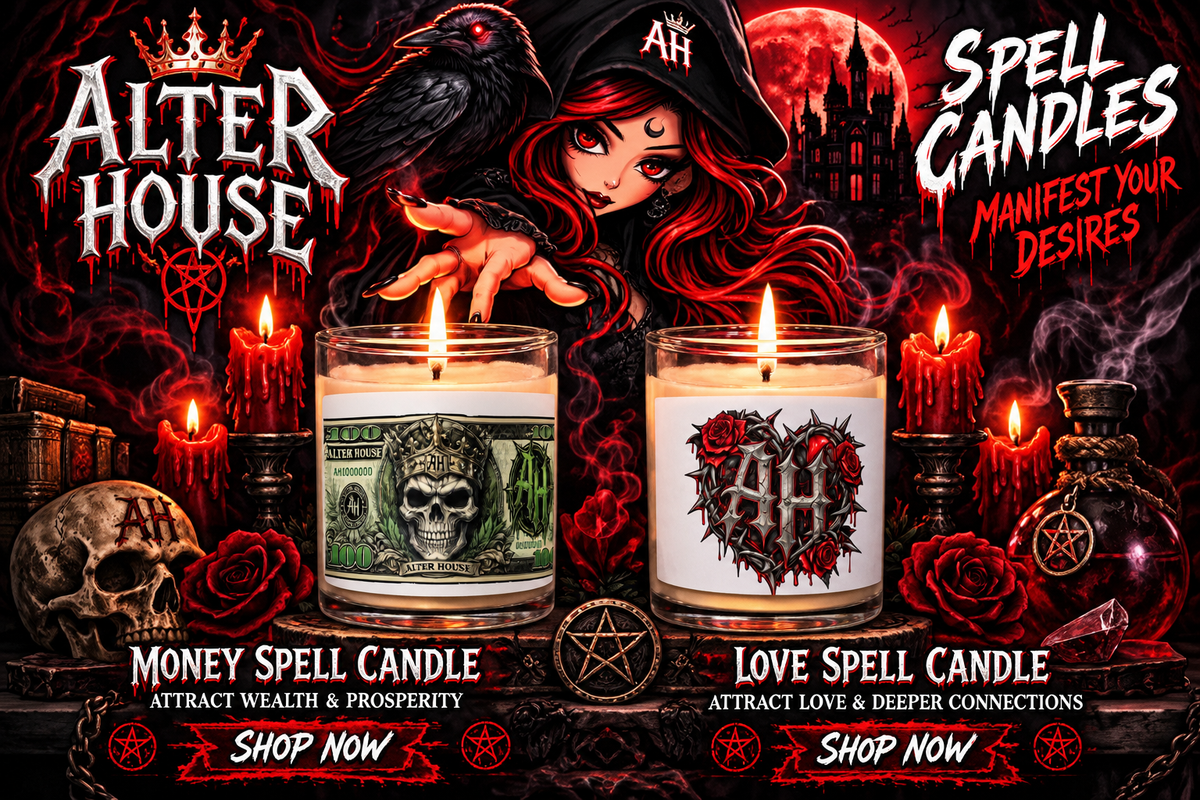 Alter House Spell Candles gothic altar promotional artwork featuring Money Spell and Love Spell candles