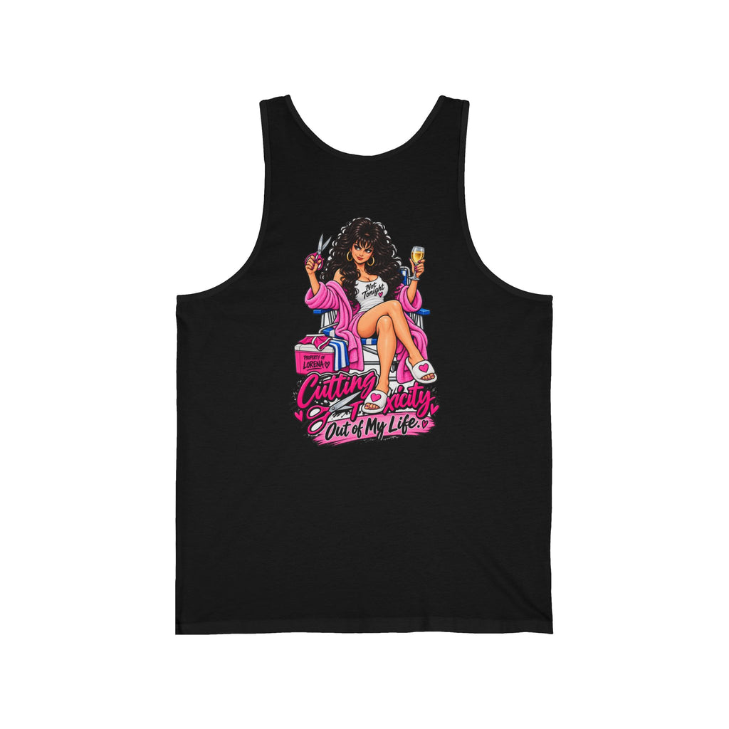 Cutting Toxicity Tank Top — black, Killer Quotes design printed on the back, Alter House raven logo on the chest