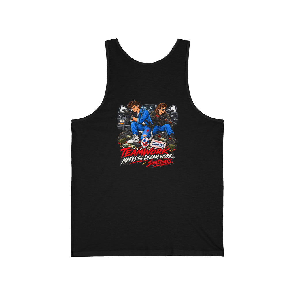 Teamwork Tank Top — black, Killer Quotes design printed on the back, Alter House raven logo on the chest